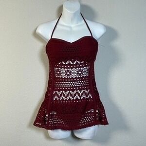 Robin Piccone Crochet One Piece Swimsuit Womens 10 Burgundy Halter Swim